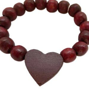 HEART Bracelet Love Romance Pendant Burgundy Red Wood Stretch 10mm Beads